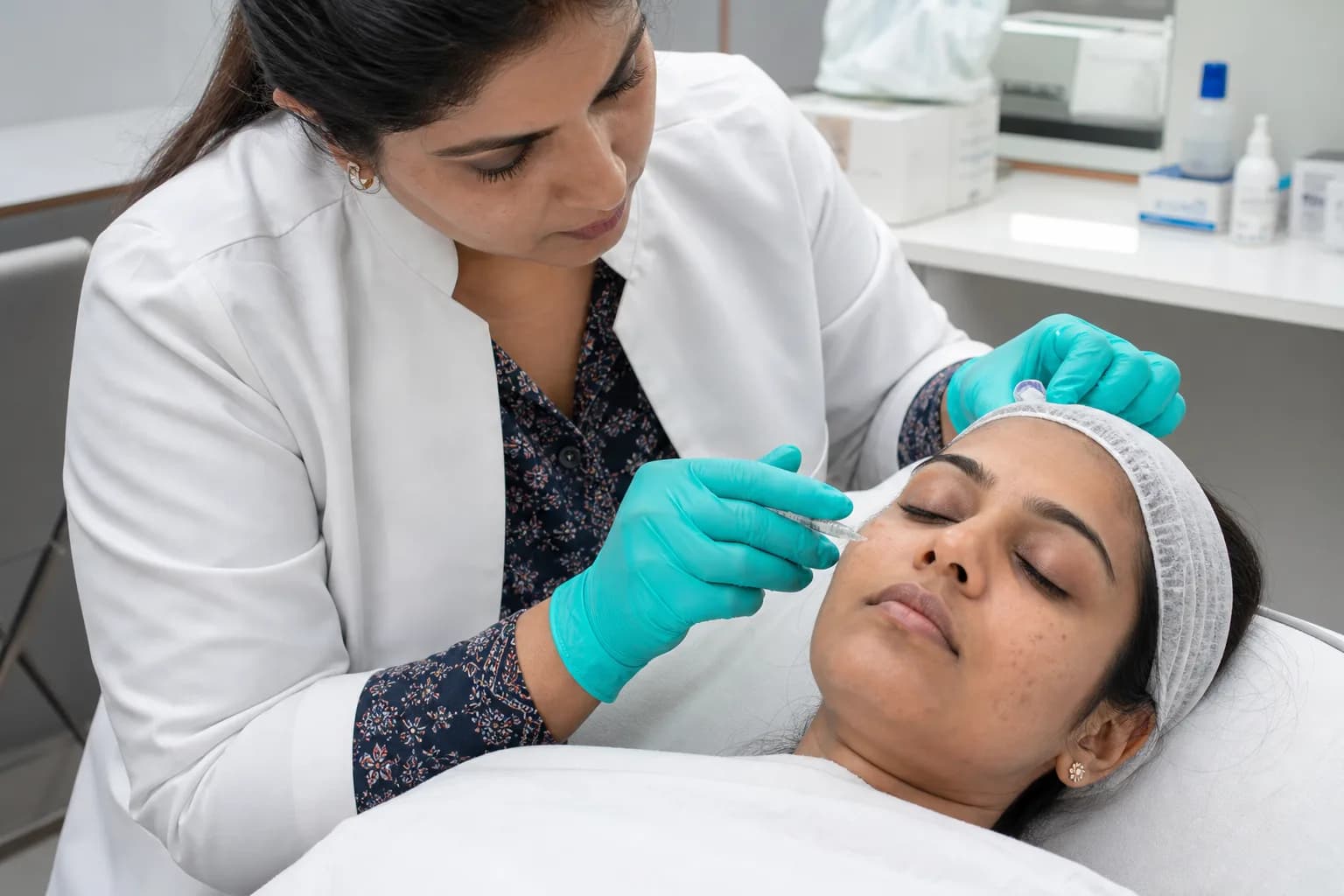 Close-up of a supervised hands-on facial aesthetic treatment